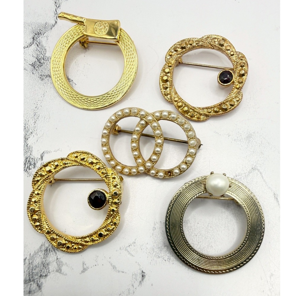 Vintage Circle Brooch Lot Gold Tone Pearl Retro Pin Mid Century Style 5pc bundle